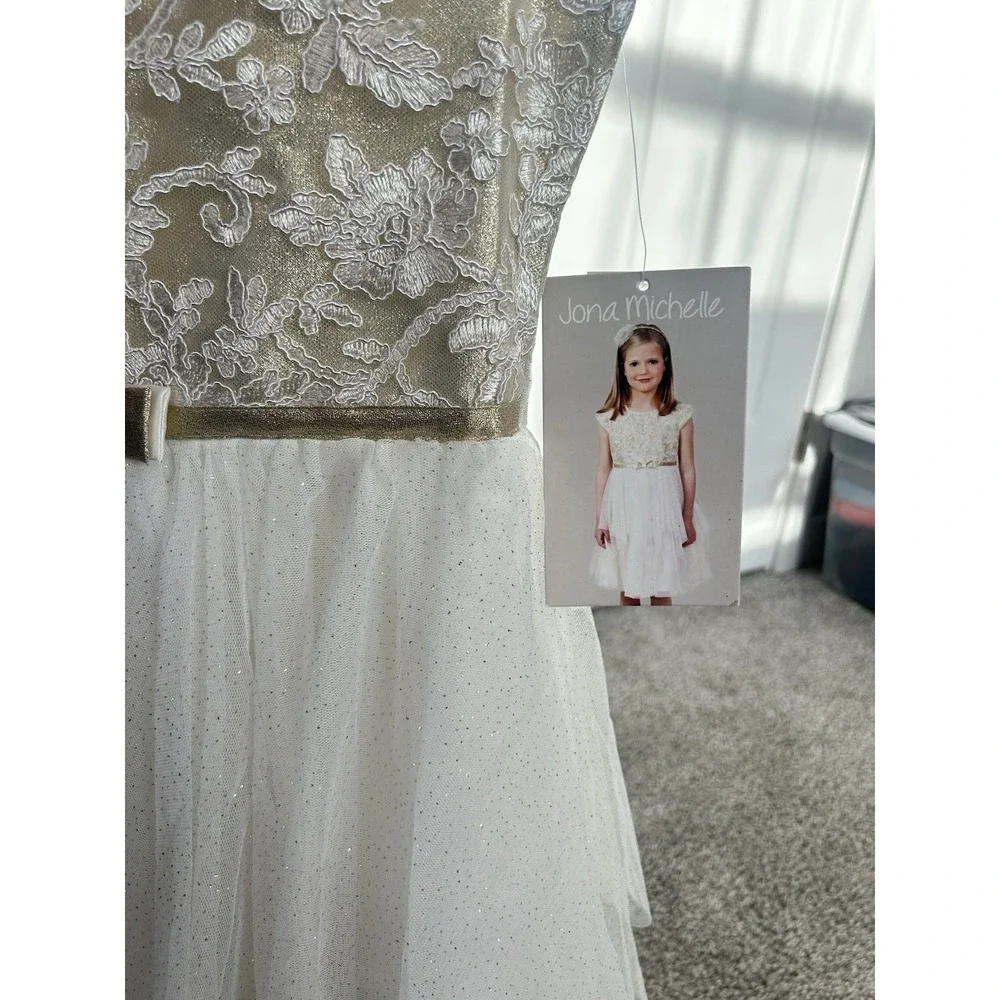 New Jona Michelle‎ Girls Floral Appliqué Metallic  Ruffle Dress size 8 Ivory